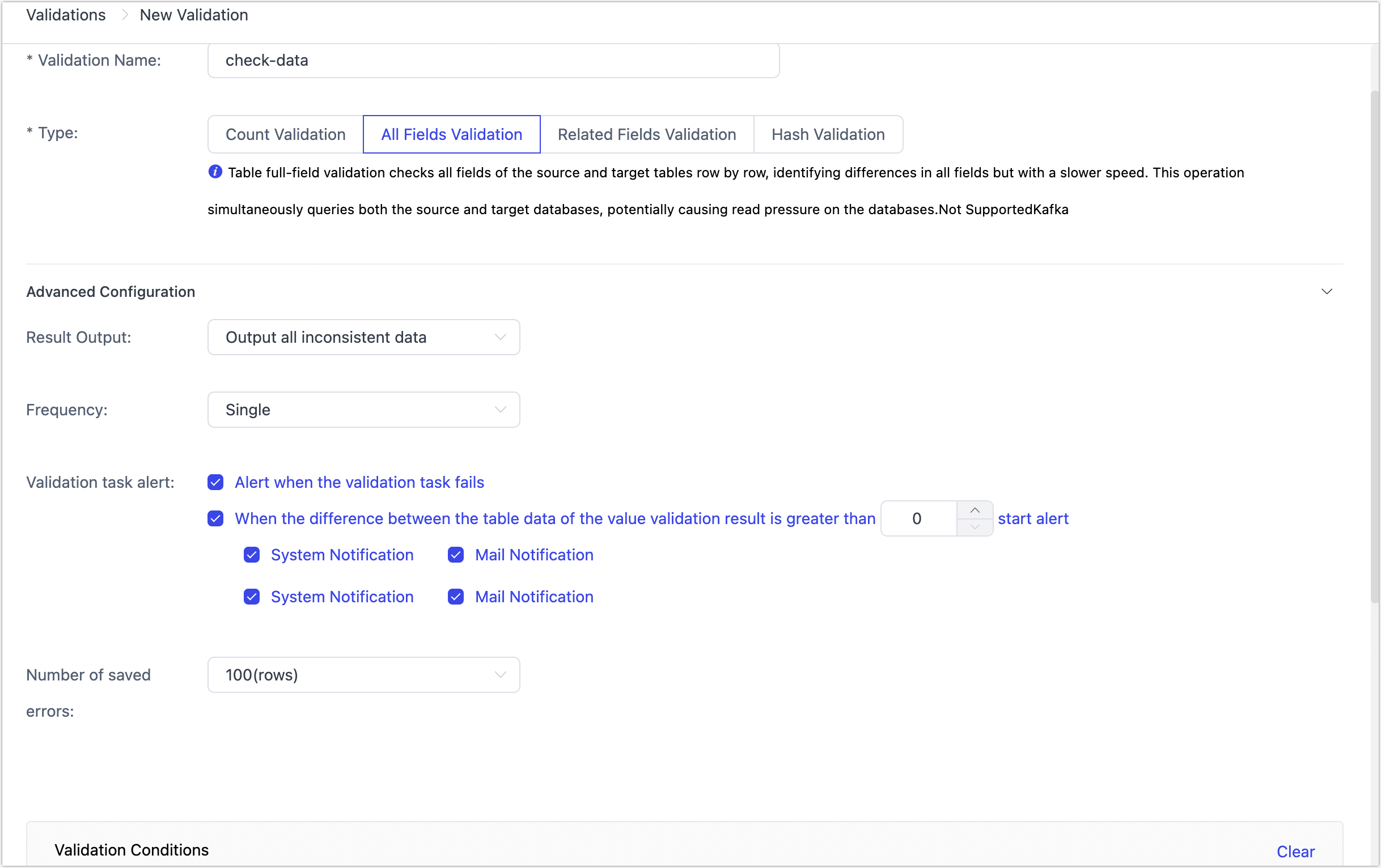 Setting validation Task