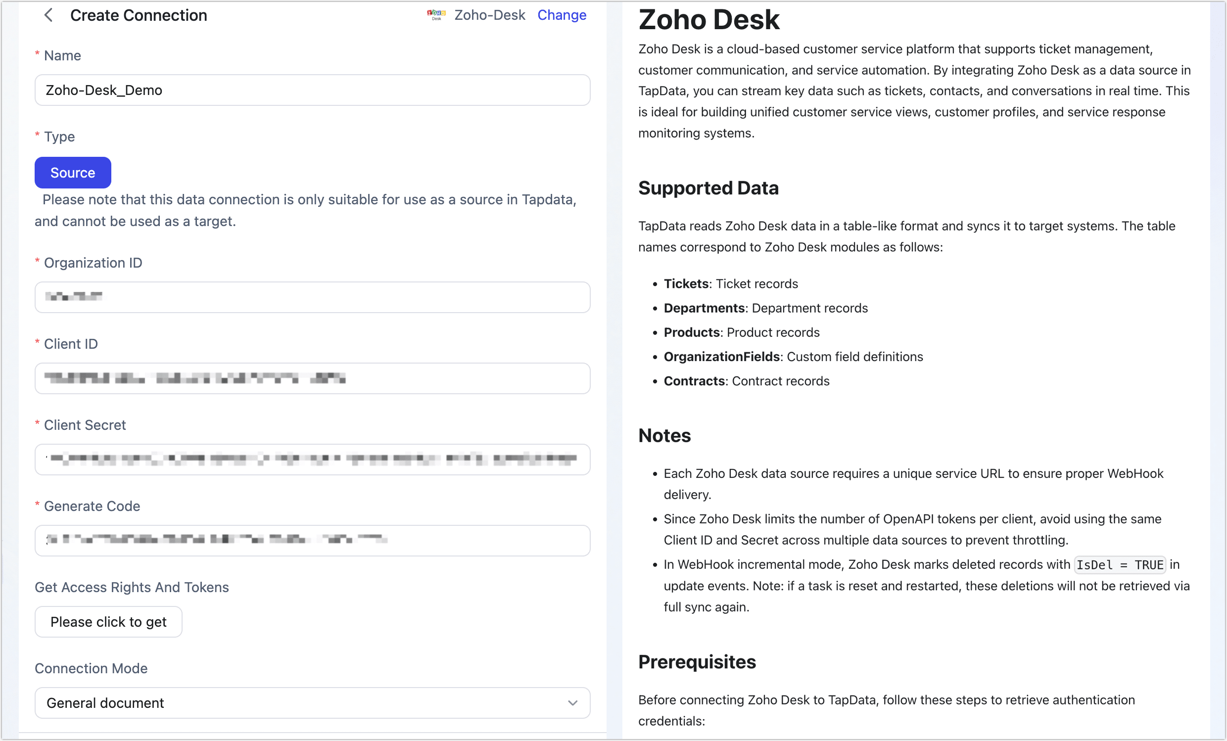 Zoho Desk Connection Settings
