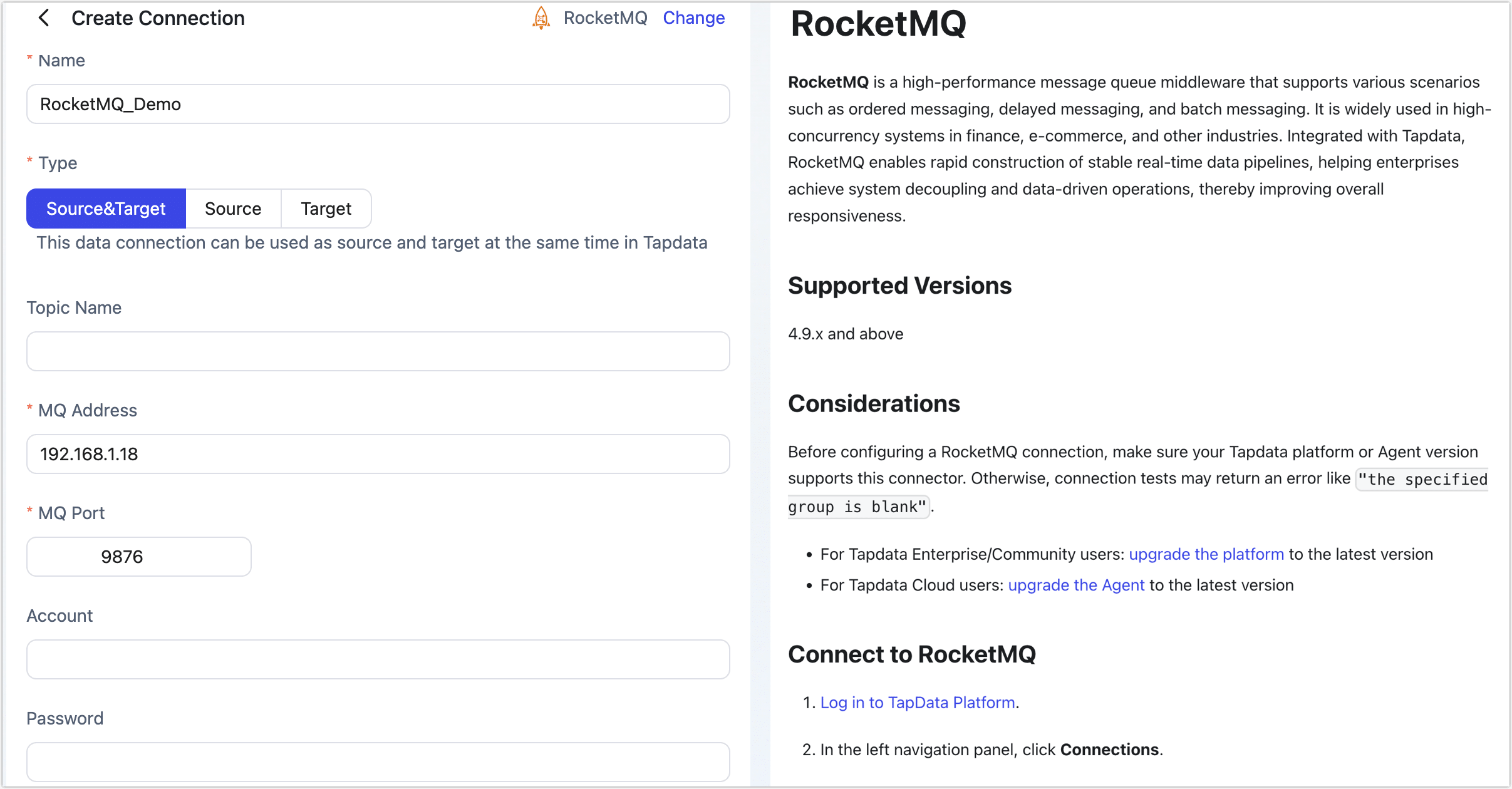 RocketMQ Connection Configuration